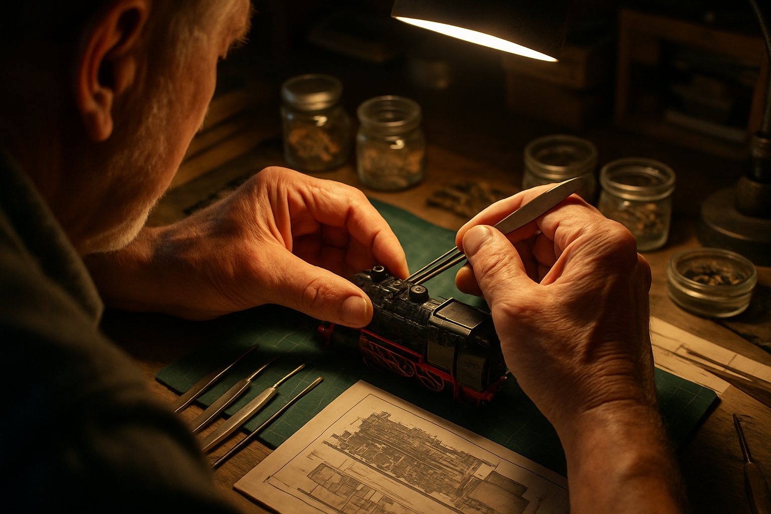 Klaus Richter arbeitet konzentriert und zufrieden an einem Präzisionsmodell