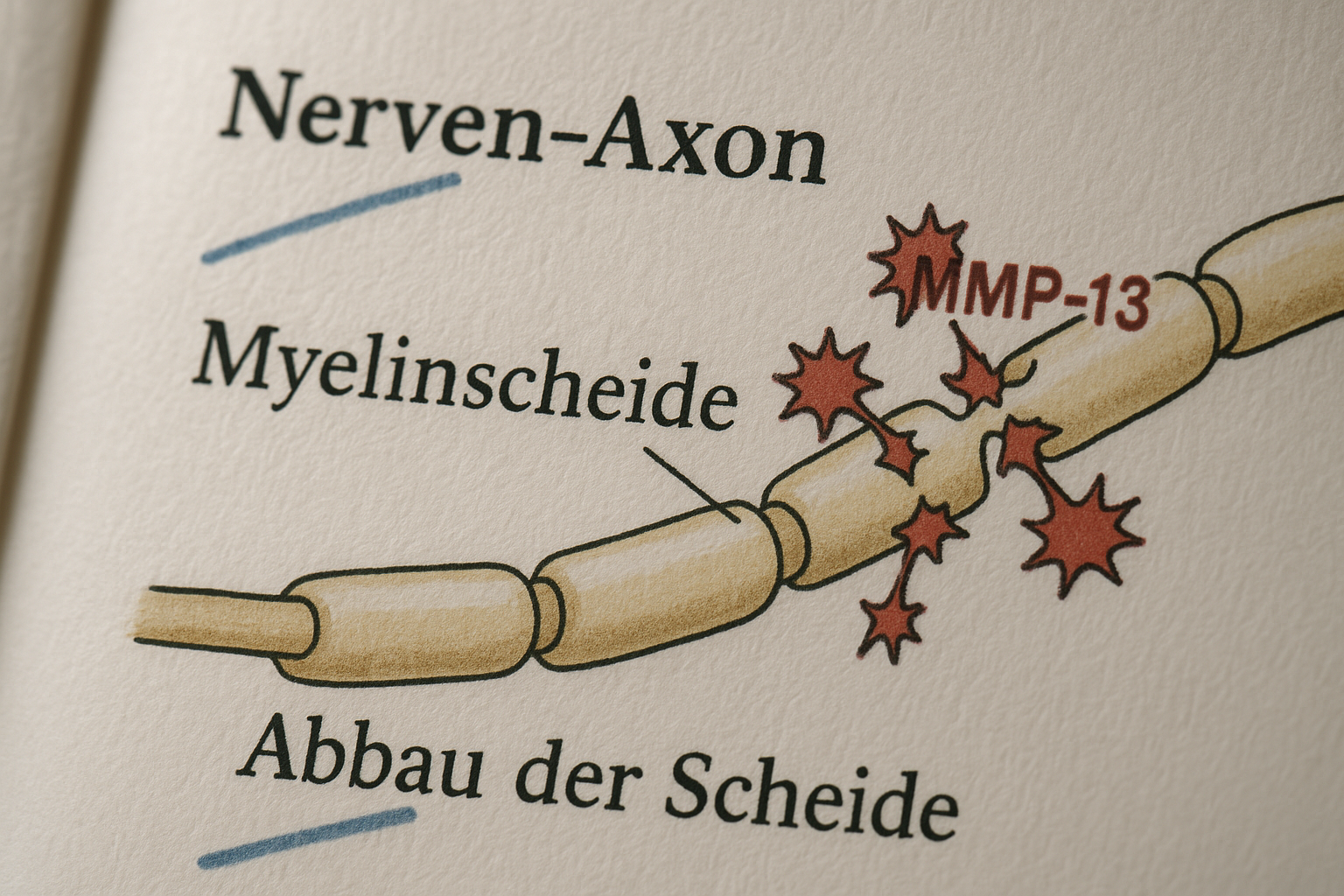 Vereinfachtes Diagramm, das zeigt, wie das Enzym MMP-13 die Nervenscheide angreift